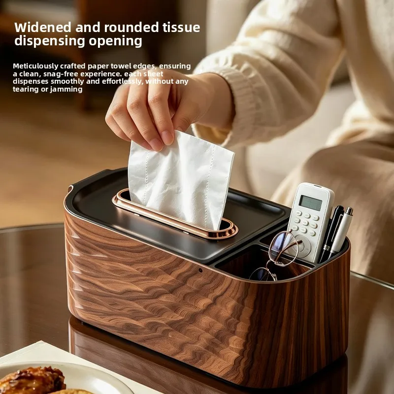Wooden Tissue Box with Spring Remote Control Pen Holder Multifunctional Tabletop Organizer for Living Room Office