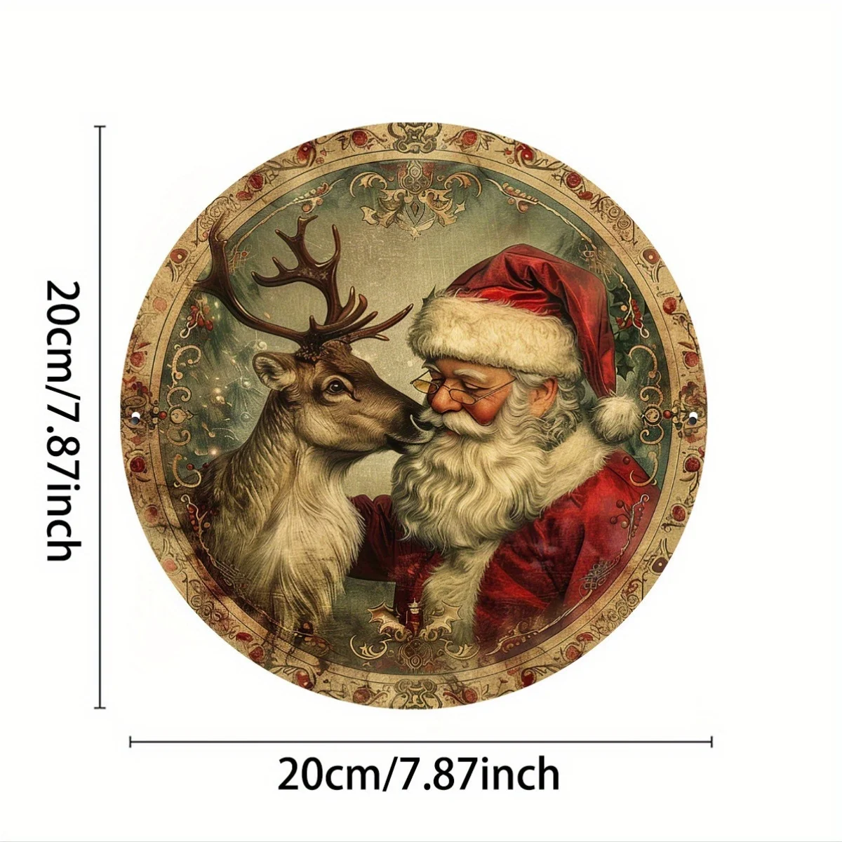 لوحة فنية جدارية معدنية عتيقة من سانتا والرنة - لافتة رقائق مسطحة ثنائية الأبعاد مع رقاقات الثلج وحدود هولي، فن جداري عتيق لعيد الميلاد