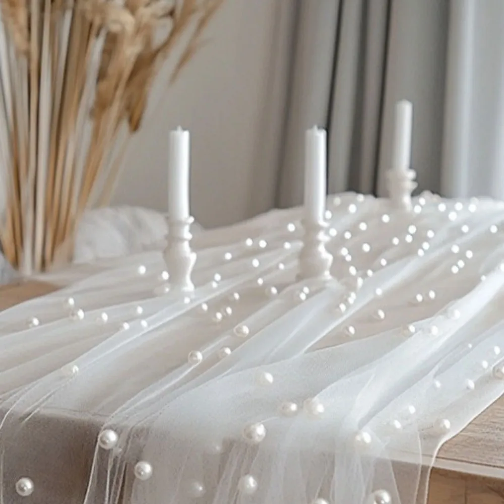 DIY Design 0.75*3M Table Flag Pearl Tulle Gauze Mesh Table Runner Sheer Drapes Semi Transparent Pearl Chiffon Wedding Party