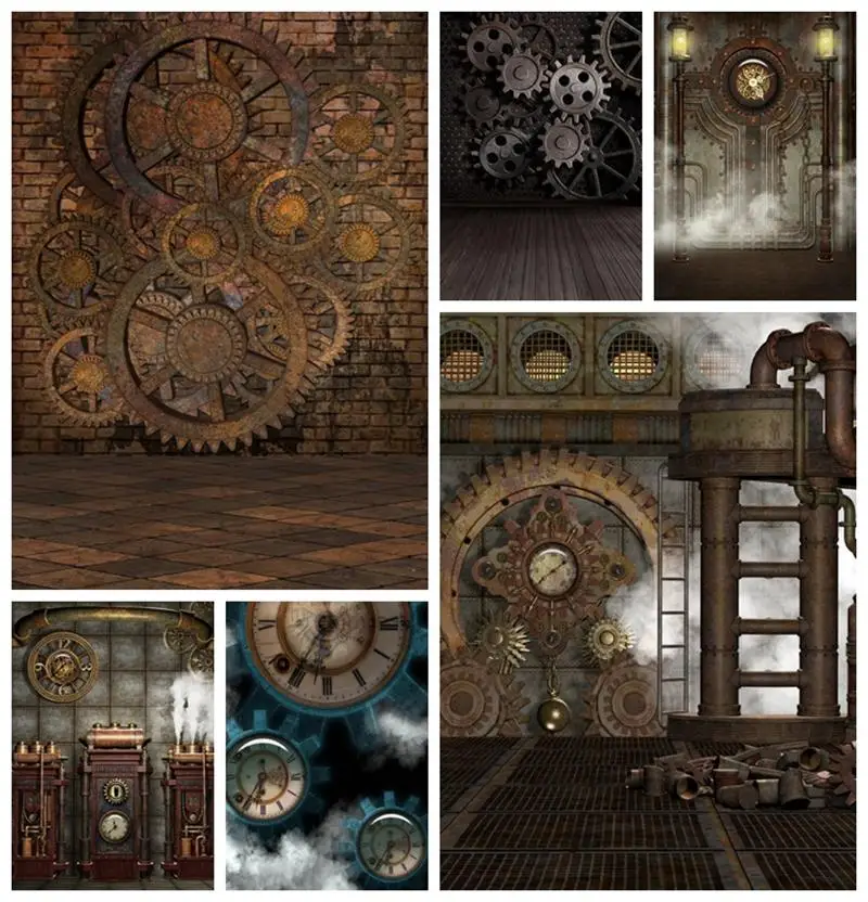 

Old Brick Wall Wooden Floor Steampunk House Rusty Gears Photography Backdrops Backgrounds Vintage Grunge Portrait Photophone