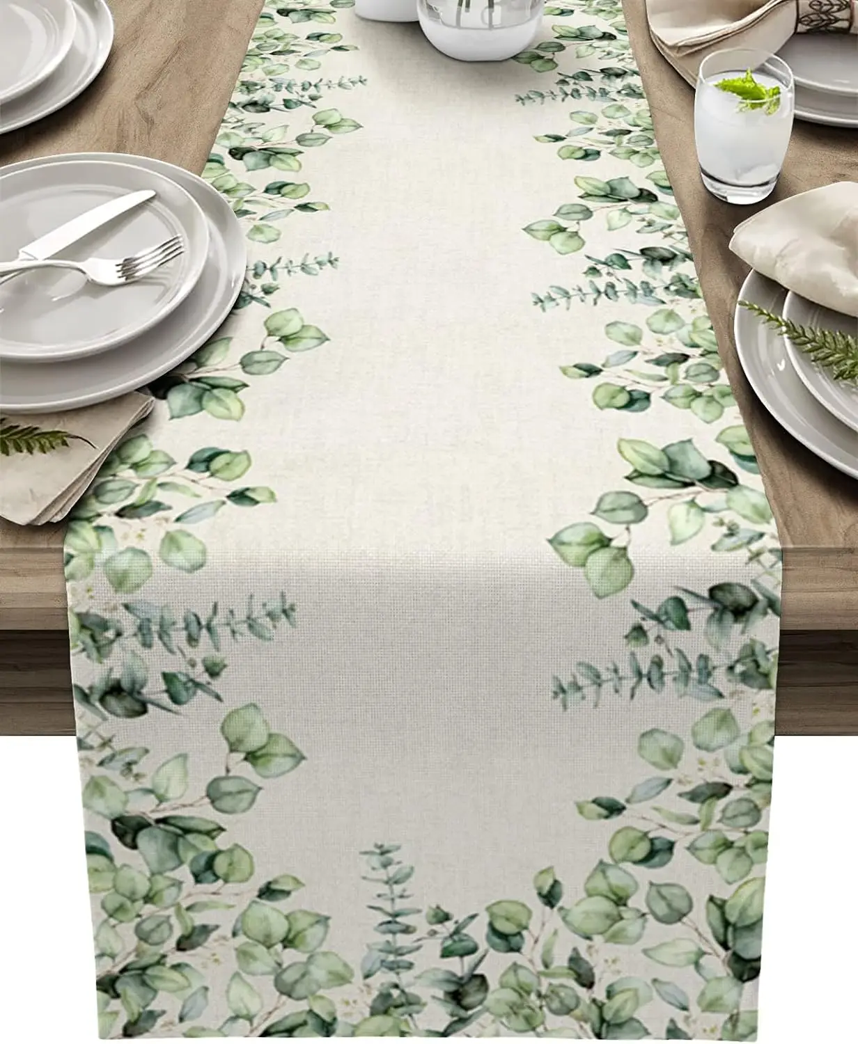 

Eucalyptus Leaves Linen Table Runner Summer Vintage Watercolor Leaf Plant Kitchen Table Decor Family Dinner Holiday Party Decor