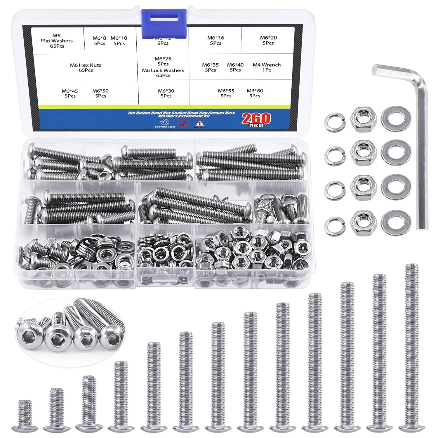

260 pieces, 13 different specifications, M6 stainless steel 304 hexagonal round head screws in combination, hexagonal wrench, su