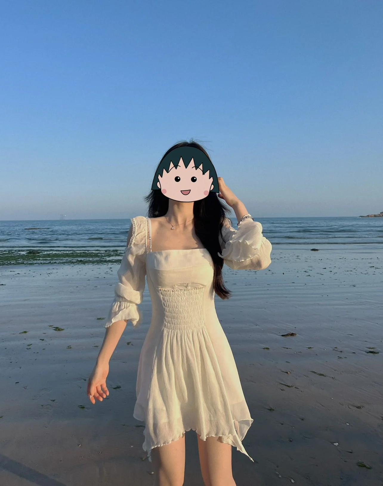 

Ele k Pure Sle Long Sve Dr Irregular Hem Sun Protection Waist Gathered High Waist A-Line Skirt Polyester