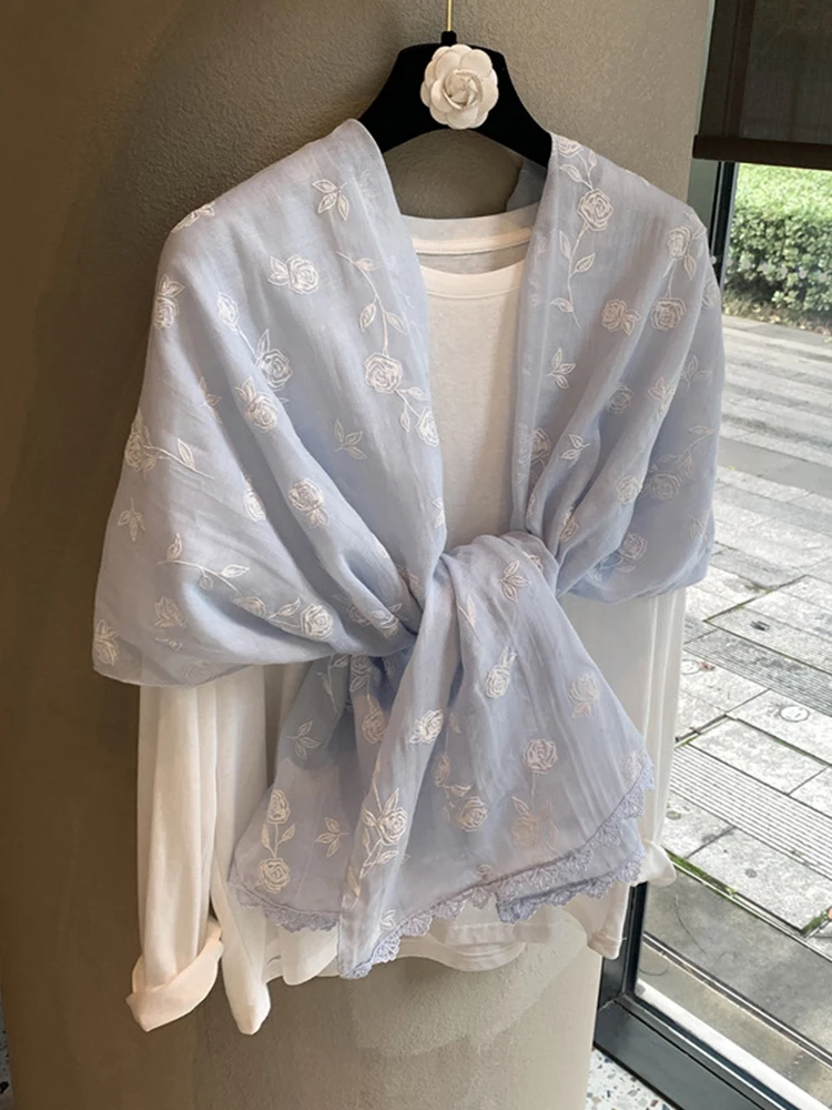 

Women Sweet Solid Rose Embroidery Silk Scarf Long Shawl Lace Trim Elegant Neck Scarves Wrap Summer Beach Travel Daily Casual New