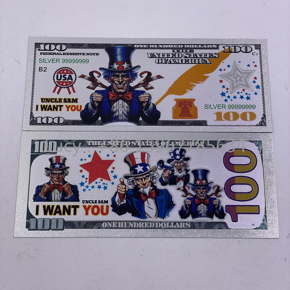 أمريكا العم سام "أنا أريدك" الأوراق النقدية الفضية 100 دولار أموال بلاستيكية قابلة للجمع فواتير تذكارية هدايا للحفلات #2