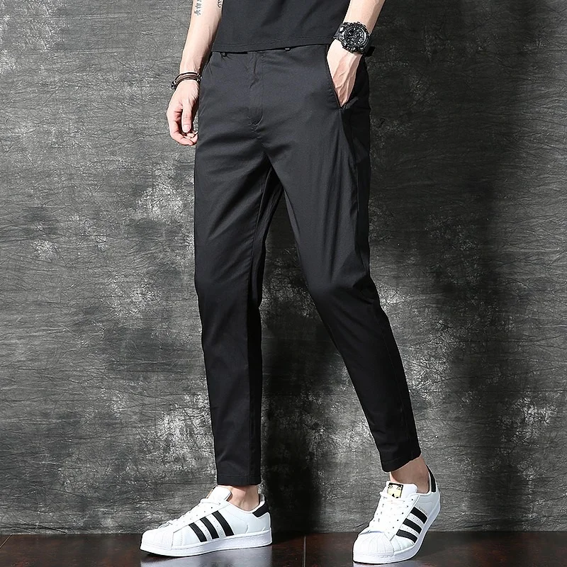 

Summer Ankle-Length Pants Men Casual Black Lightweight Slim Fit Elastic Waist Trousers