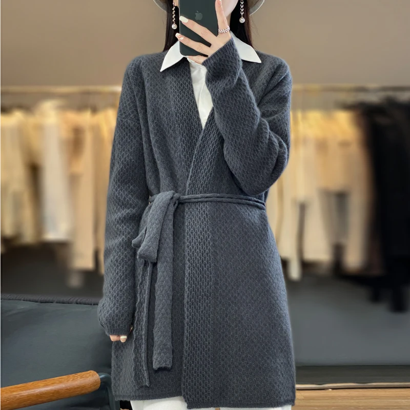 100% Merino wool autumn and winter new women's sweater V-neck long cardigan Korean version thick warm knit long sweater