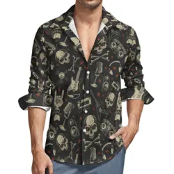 2024 New Rock Music Skull Long Shirt Men's Hawaiian Punk Fashion Casual Floral Fall Sleeve Cool Loose Fit Shirt Men's Slim Fit
