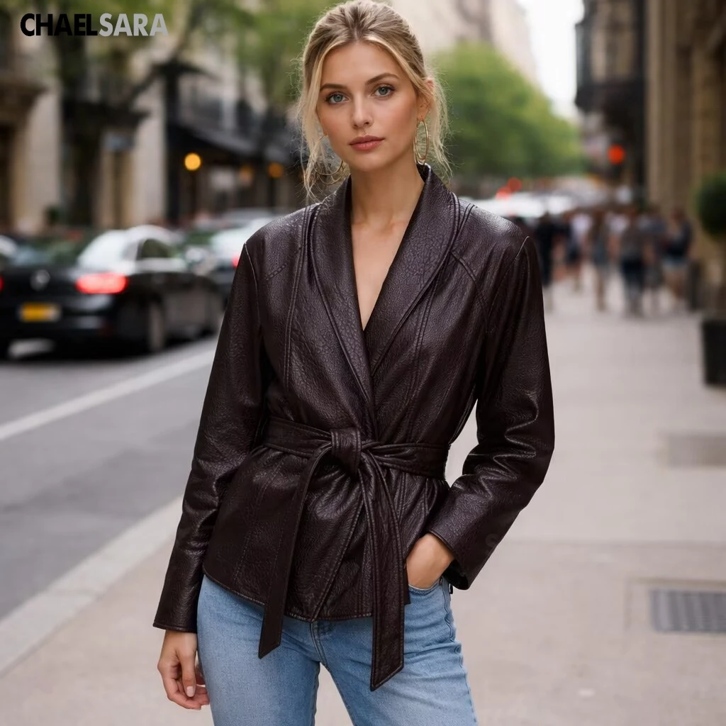 Women's Faux Leather Jacket Coat with Belt - Vintage V-Neck