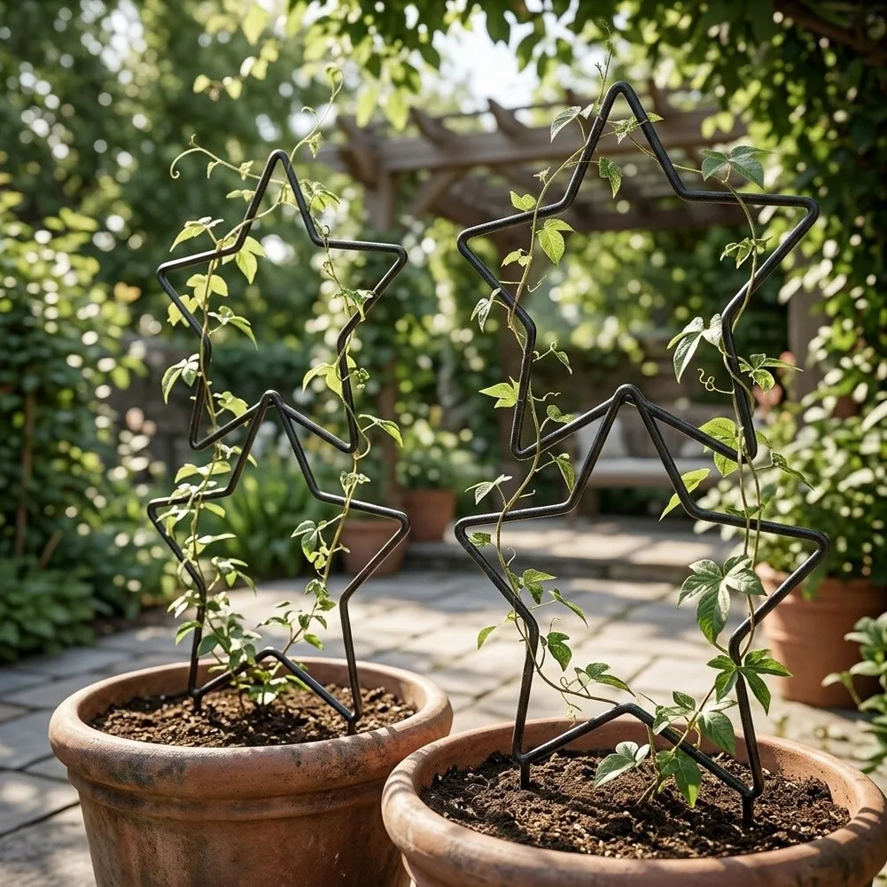 Climbing Plant Support System with Modular Pentagram Design for Potho Ivy Wall Mounting Black Iron 5 4.5in Size