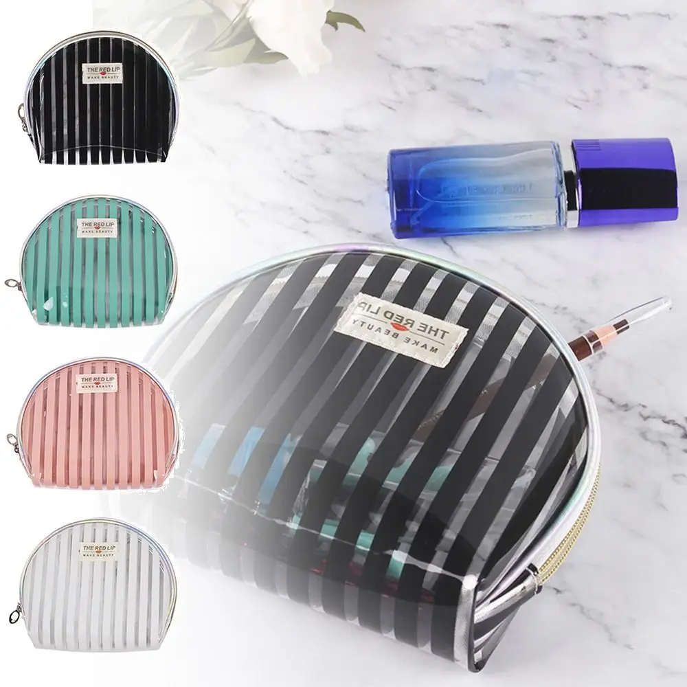 Multicolor Transparent Toiletries Bag Multipurpose Stripes Makeup Bag Large Capacity Half Circle Cosmetic Handbag