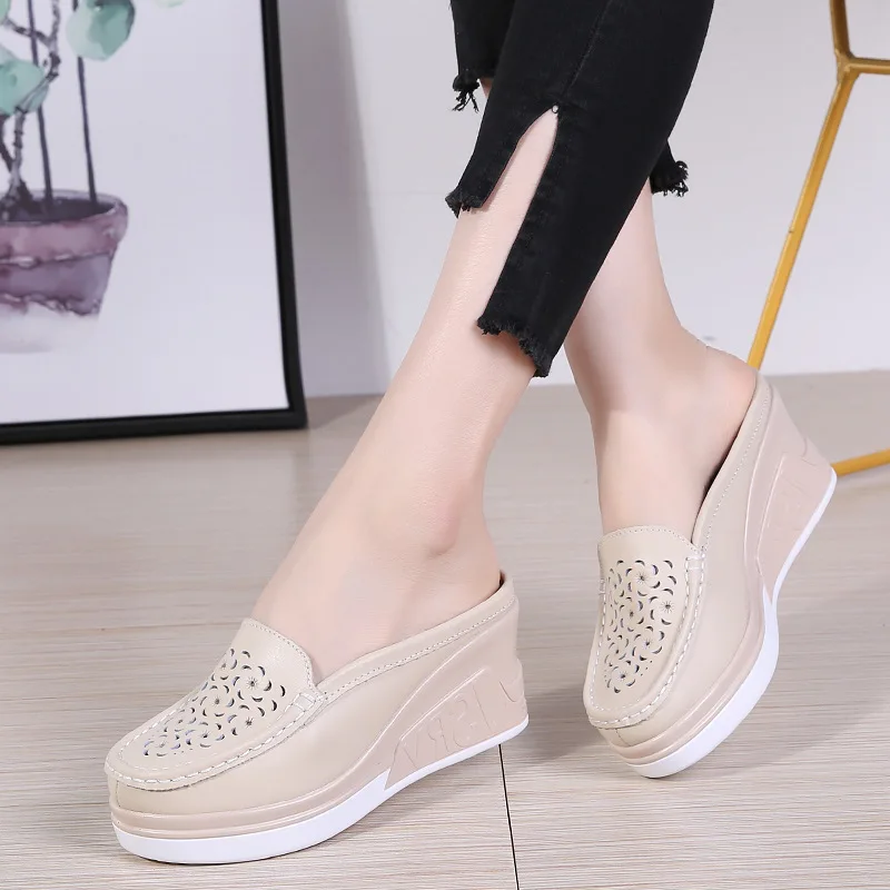 Spring new Summer Women Platform Slipper pattern Floral Flats Breathable Leather Casual Shoes Slip-on comfortable Nurses shoes