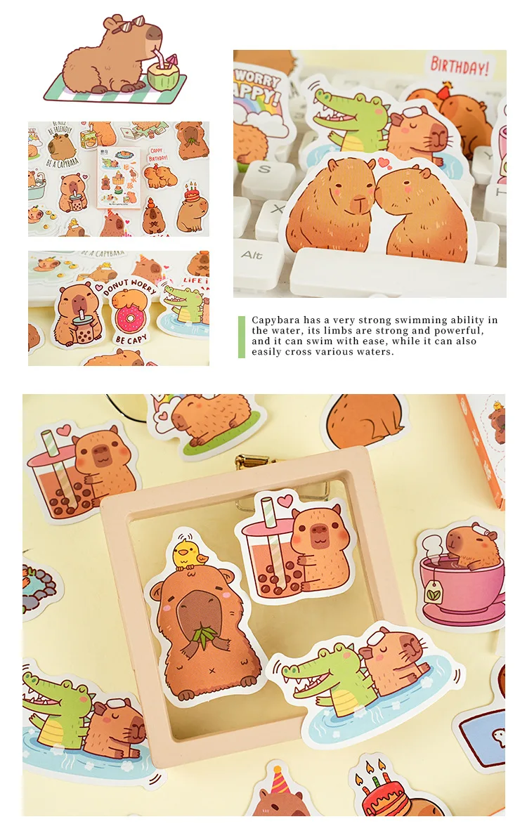 Self Adhesive Sticker Box Cute Capybara Cartoon Animal for Journal Scrapbook Decoration Envelope Sealing Multicolor Paper