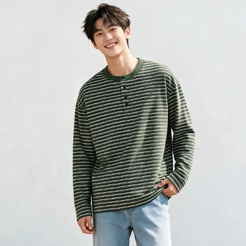 Men Henry Collar Striped Long Sleeve T Shirt Double Sided Dralon Warm Autumn Winter Base Layer Top