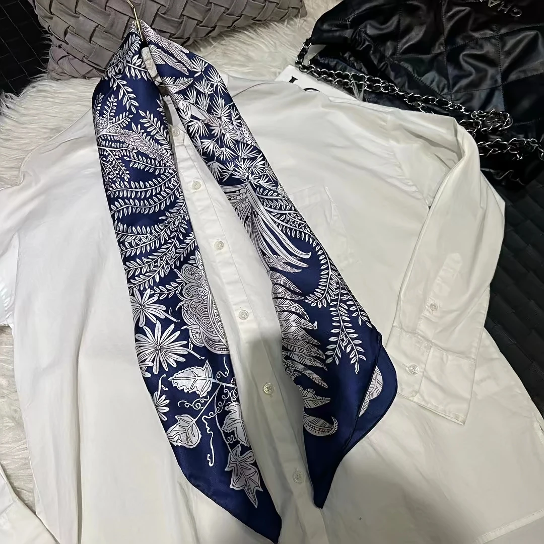 BYSIFA|Navy Blue 100% Mulberry Silk Scarf Shawl Winter Brand Floral Design Square Scarves Fashion Fall Winter Scarfs Bufanda