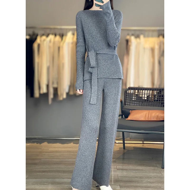 Women Wool Sweater Set Side Slit Pullover Pants Lace-up Slim-fit Striped Autumn Winter 100% Merino Wool Knitwear Long Sleeve Top
