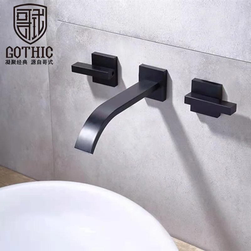 

Gothic Brass Black Embedded Concealed Basin Faucet Double Handle Wall Mounted Brushed Gold Washbasin Hot &Cold Water Mixer Tap