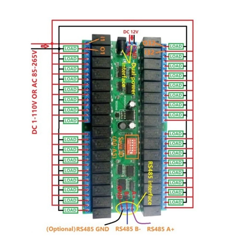 MODBUS-リレースイッチボードrs485,uartシリアルポートモジュール,DINレールボックス,plc拡張ボード,32ch,r421c32