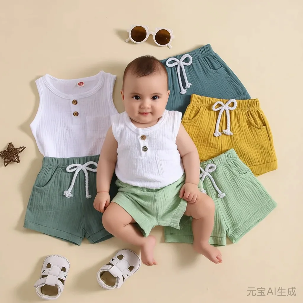 Summer Baby Boys Clothes Outfits Cotton Sleeveless Vest Tops + Drawstring Shorts Set