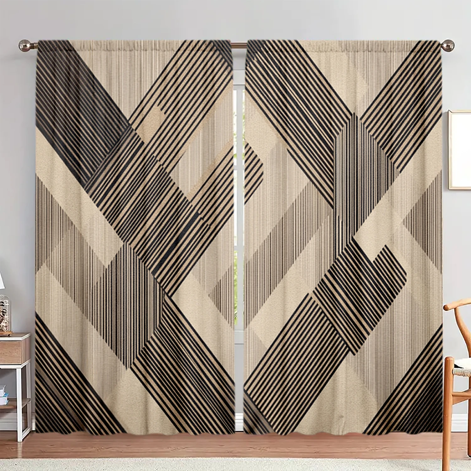 

2pcs Modern Irregular Striped Patterns Printed Curtain for Home Decor - Rod Pocket Window Treatment for Bedroom, Office