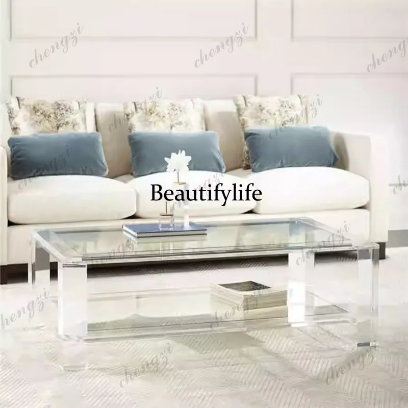 ​ ​ Nowoczesny skandynawski stolik kawowy z akrylu, dwuwarstwowy, z przezroczystym szklanym blatem, minimalistyczny, luksusowy design. ​ ​   K182