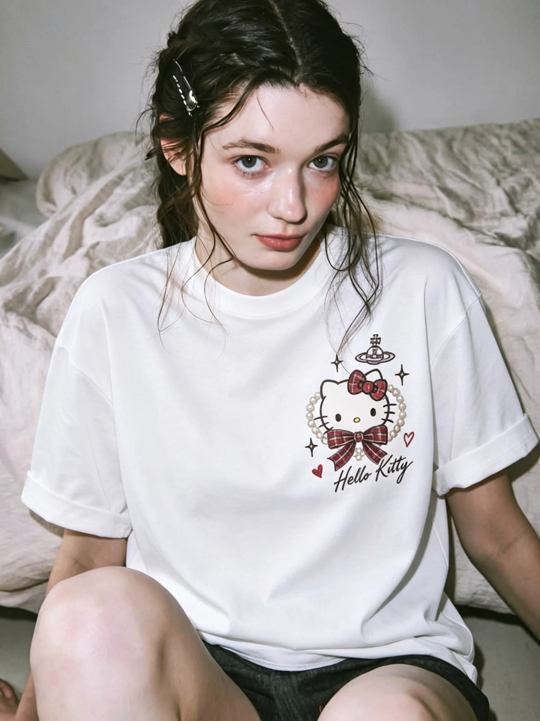 Men's Women's Parent Child Sanrio Hello Kitty Pearl Bow Cute Print T Shirt White Kawaii Streetwear Short Sleeve Oversized Top