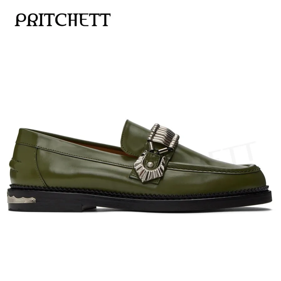 Slip-On Green Leather Loafers Fashionable Hardware Decoration Round Toe Casual Leather Shoes Large Size Comfortable Men\'s Shoes