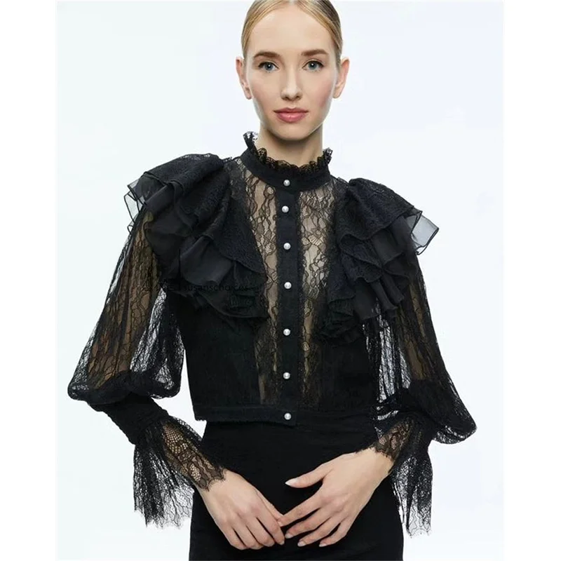 

Faionable Early Spring Bla Lace Splicing Long Sve Stand Collar Heavy Work Transparent Susan irt Women's French Sle...