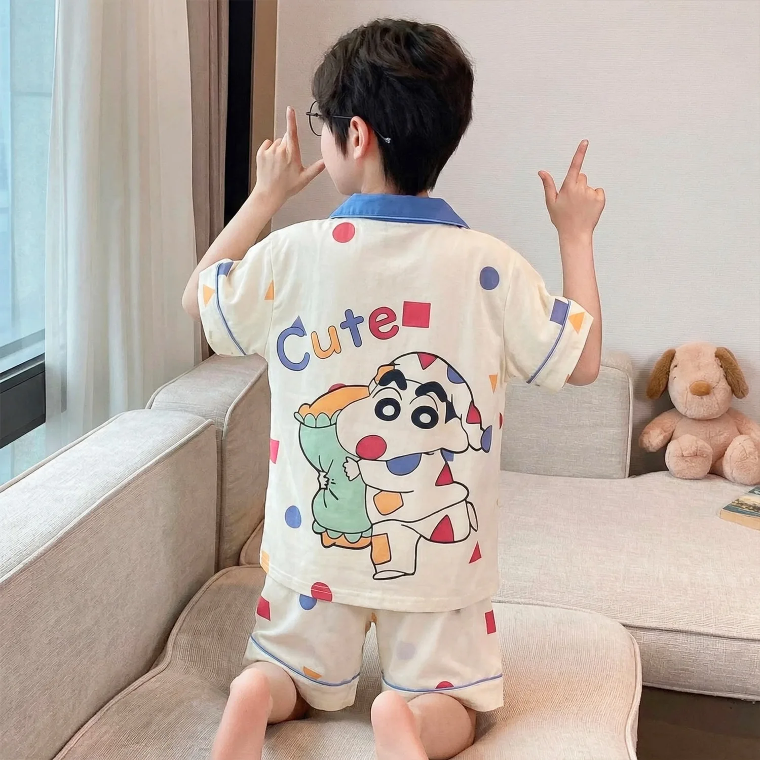 

Anime 2Pcs Crayon Shin-Chan Boys Pajama Set Short Sleeve Up Top Shorts Cute Cartoon Print Breathable Summer Cartoon Loungewear
