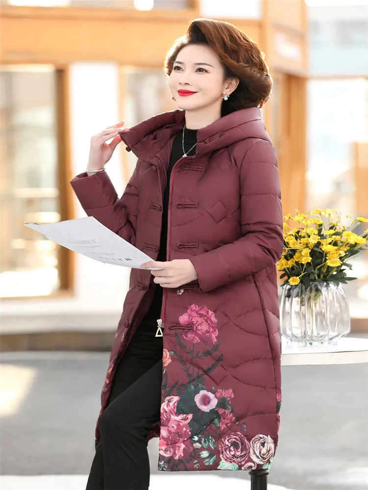 Women Winter Fashion Long Cotton Padded Coats Female Middle-aged Loose Warm Jackets Ladies Printed Hooded Overcoats