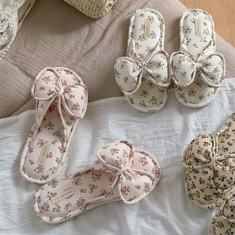 

Bow Fashion Slippers Summer Soft Bottom Cotton Linen Women's Cool Slippers Anti Slip Comfortable Linen Slippers