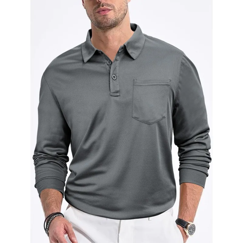 Men Clothing Polo Shirt Polo T Shirt for Men Casual Loose Button Long Sleeve T-Shirt Turn-Down Collar