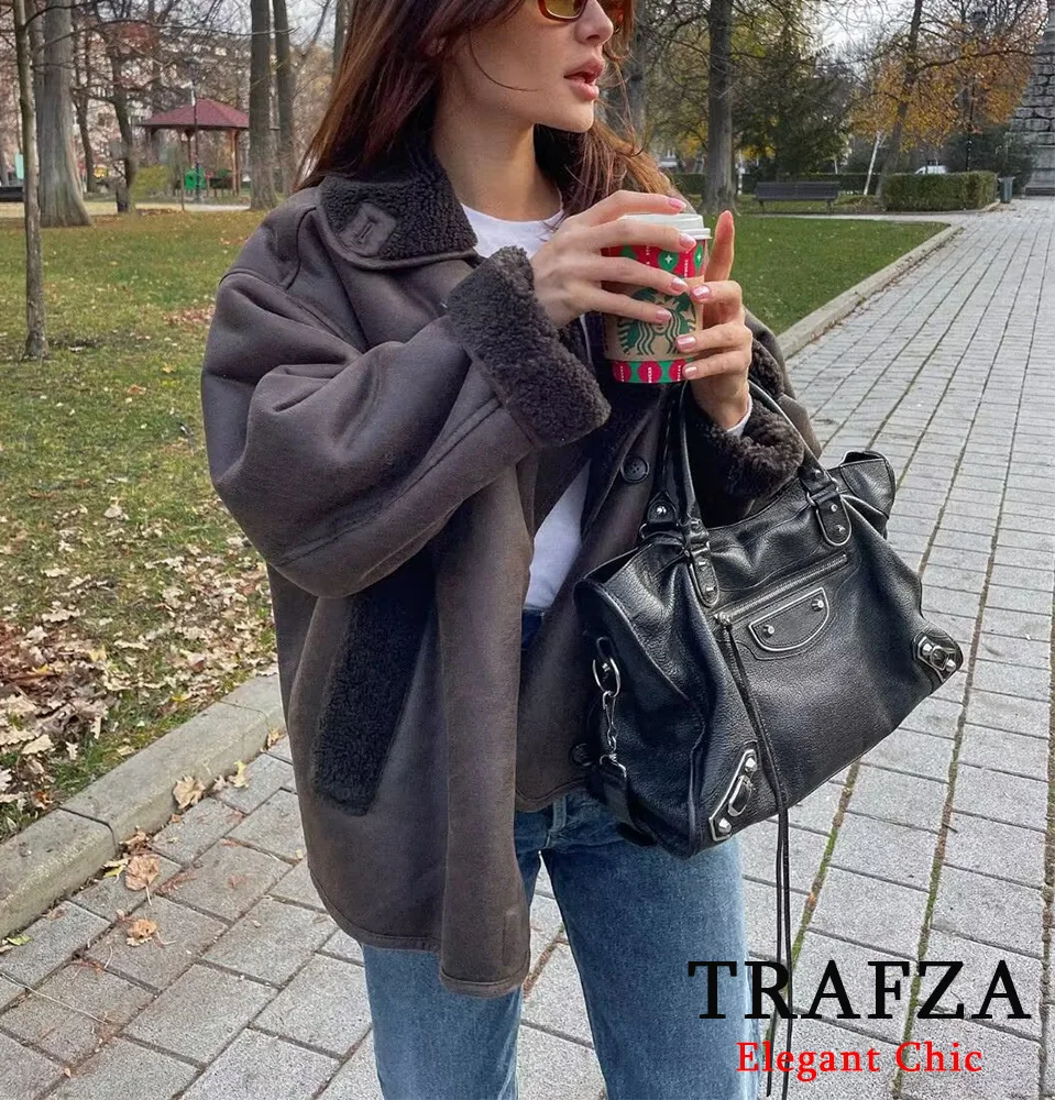 TRAFZA Elegant Winter Loose Faux Fur Coat Women's Lapel Buttons Pocket Coat Jacket New 2024 Winter Fashion High Street Coat