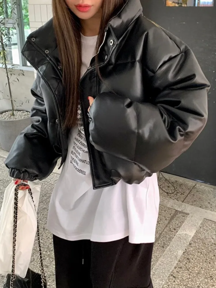 Chic Winter Vintage Stehkragen Bla Matte PU Leder Brot Mantel Lose Warme ort Baumwolle Jaet frauen Faion Oberbekleidung