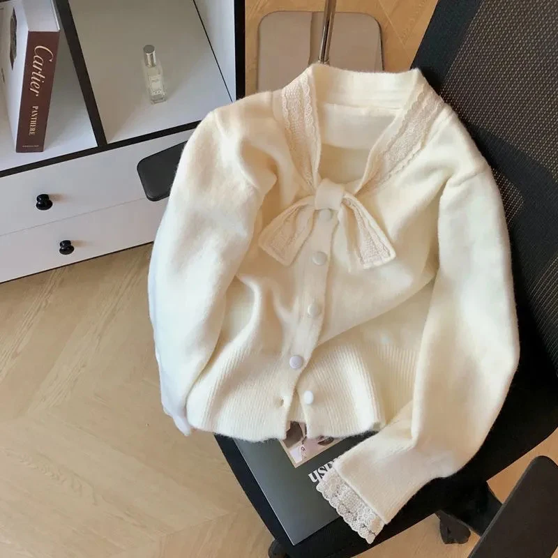 Sweet Bow Knitted Cardigan Women Lace Patchwork Button Chic Gentle Sweater Spring Autumn Female Long Sleeve Casual New Outwear