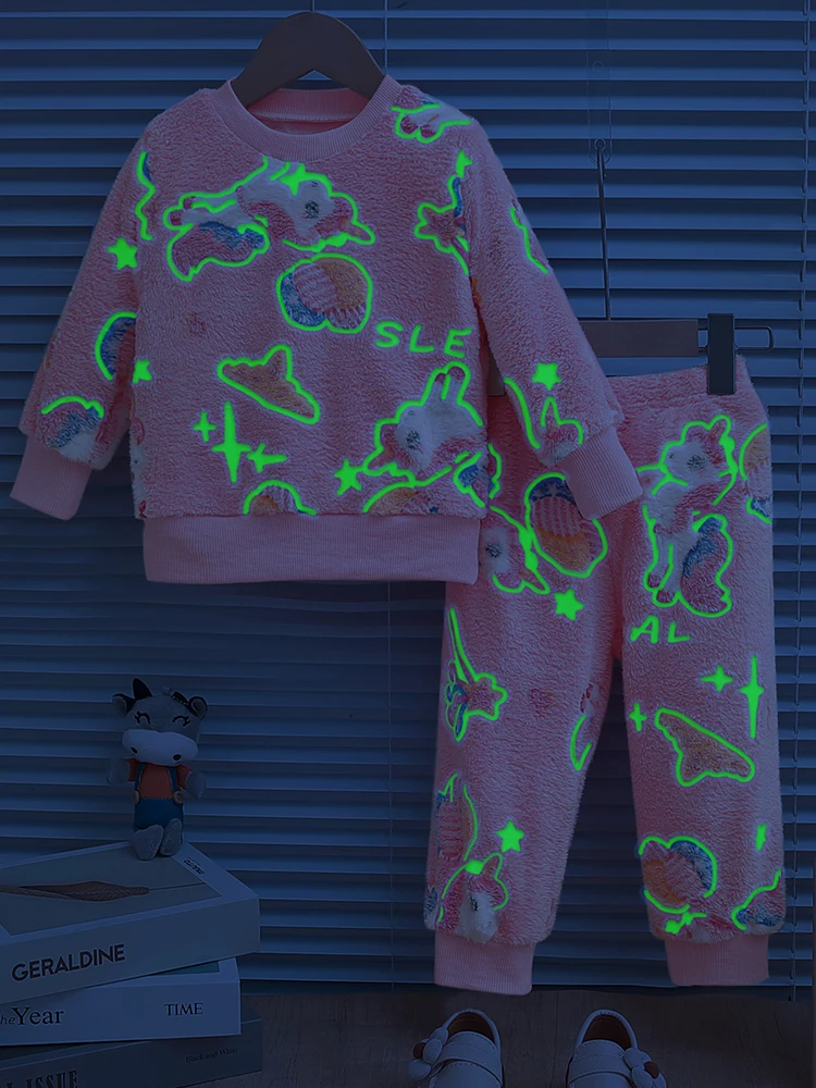 2pcs baby girl autumn and winter night light cartoon pattern long sleeved shirt and pants thickened for warmth