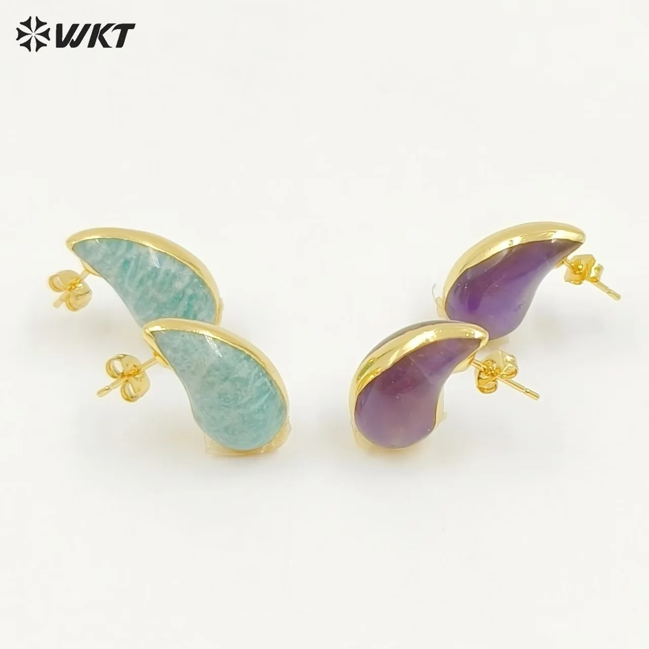 

WKT-E775 Colored Gemstone Waterdrop Shape Black Obsidian Pink Quartz Stone With 18k Gold Plated Classic Earring