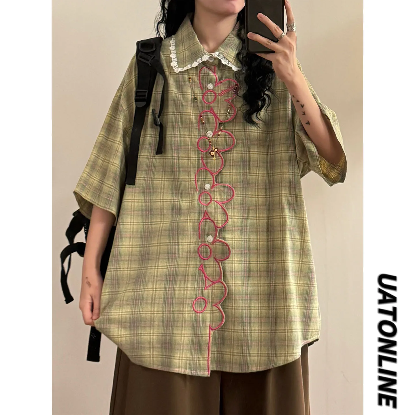 

UATONLINE2026 Универсальная повседневная дышащая рубашка свободного кроя с коротким рукавом в уличном стиле, с вышивкой, кружевными вставками и цветочным принтом