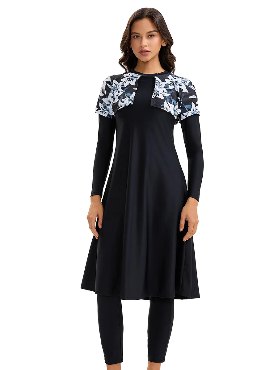 3-Piece Modest Muslim Swimwear Set - Floral Printed Burkini with Hijab, Long Sleeve Full Coverage Islamic Swimsuit