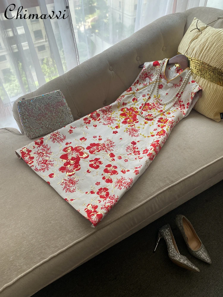 

Elegant Retro Chinese Cheongsam Dresses Stand Collar Sleeveless Bead Printing High Waist A-line Temperament Dress Women Summer
