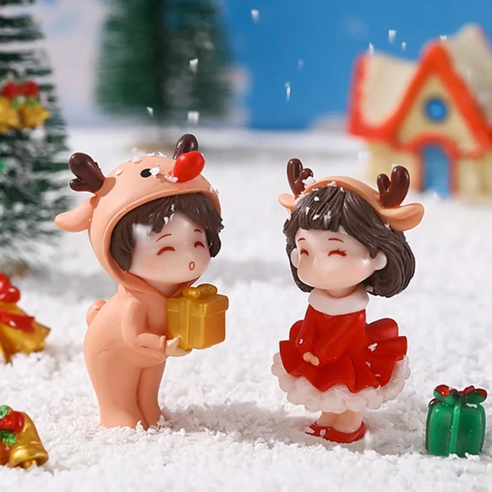 2Pcs Boy Girl Merry Christmas Couple Decorations Desk Decorations Micro Landscape Christmas Couple Figurines Creative DIY