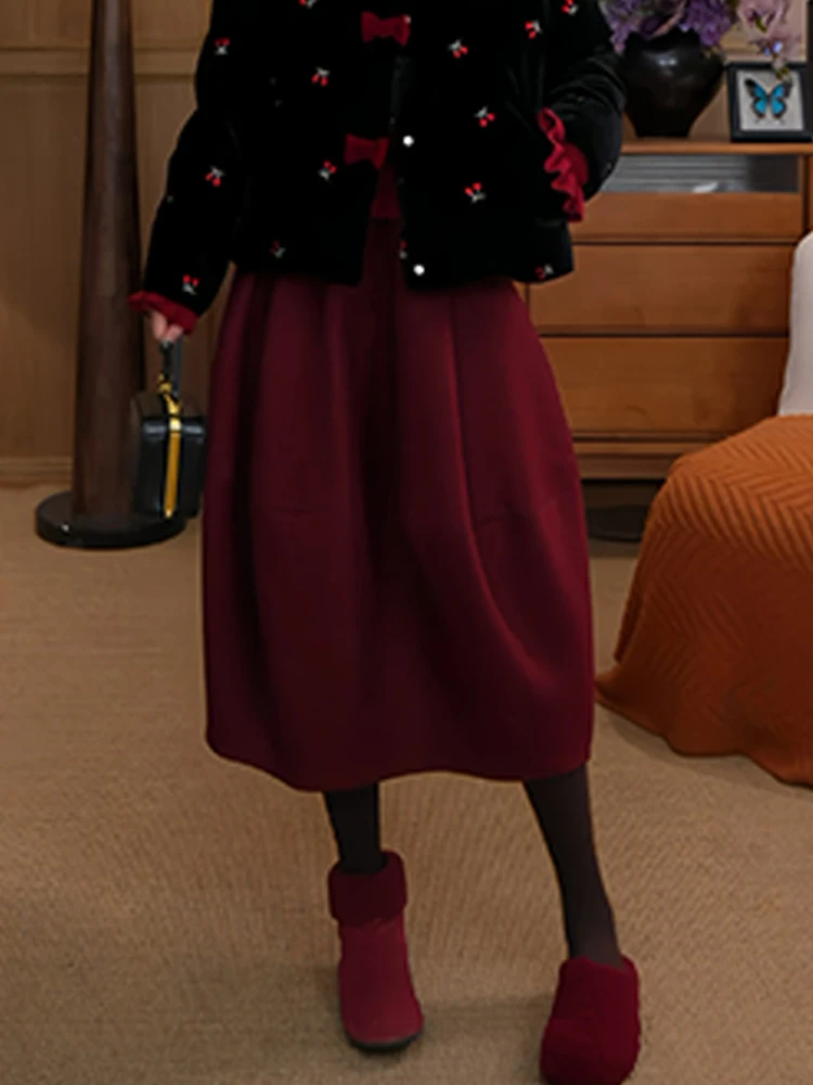 

High Waist Thiened Mid-Length A-Line Skirt Women's Puffy Flower Bud Silhouette Vintage Breathable Casual Cotton Skirt