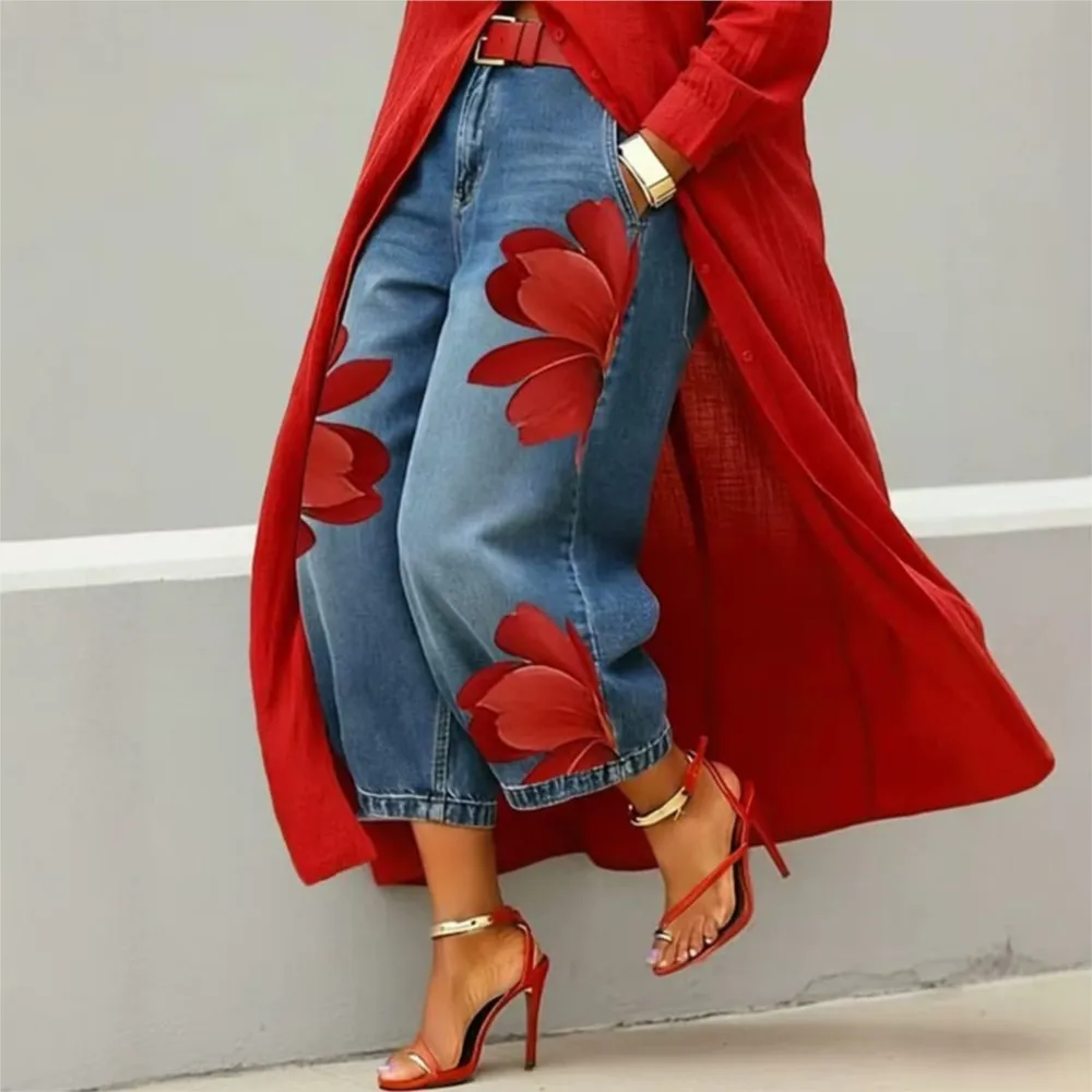 MsChuh Streetwear Women's Floral Print High Waist Jeans Loose Fit Cropped Wide Leg Denim Pants Casual Trendy Plus Size Trousers