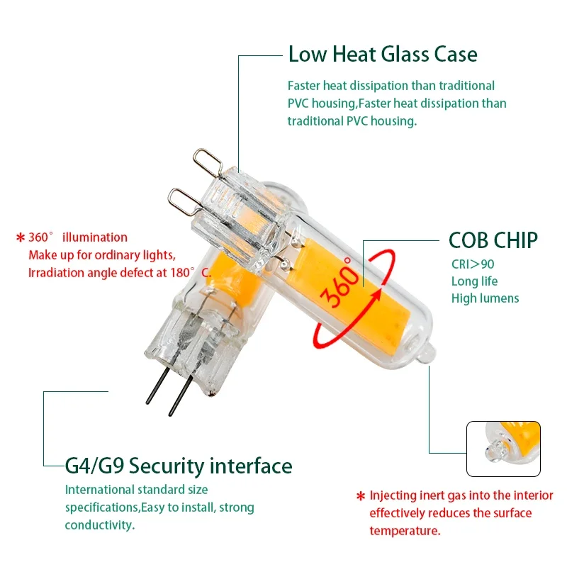 LED Light Bulb G4 G9 Glass Cob Lamp 6W 9W AC 220V Warm Cold White Candle Lights Replace 30w 60w Halogen for Chandelier Spotlight