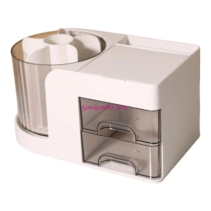 Dresser and Desk Storage Case, Rotating Acrylic Cup with Two Drawers and Upper Compartment for Brushes and Small Tools 