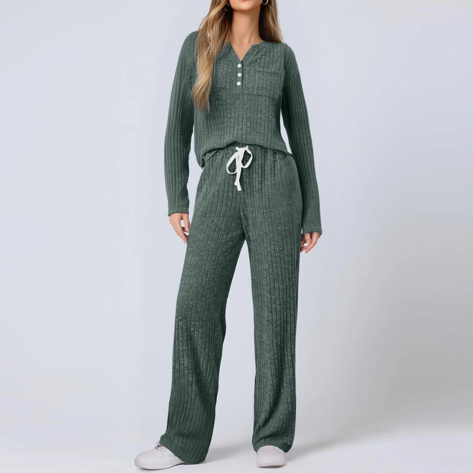 Cozy Stylish Women Two Piece Set Ribbed Texture Button Front Lounge Top Pocket Tie Waist Wide Leg Pants Comfy Sleepwear Outfit