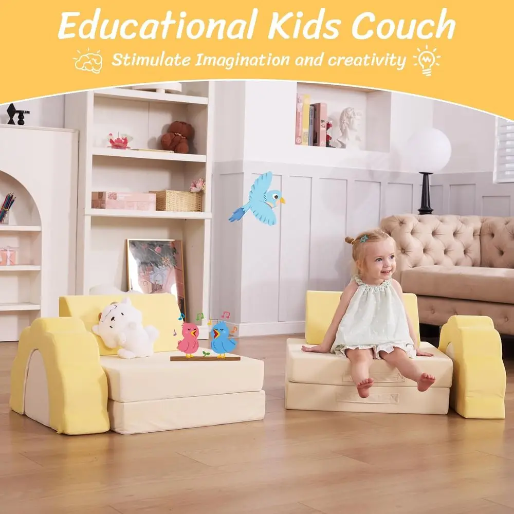 طقم أريكة للأطفال الصغار مكون من 10 قطع، أريكة إسفنجية متعددة الوظائف لغرفة اللعب بحجم متوسط، أصفر وبيج #4