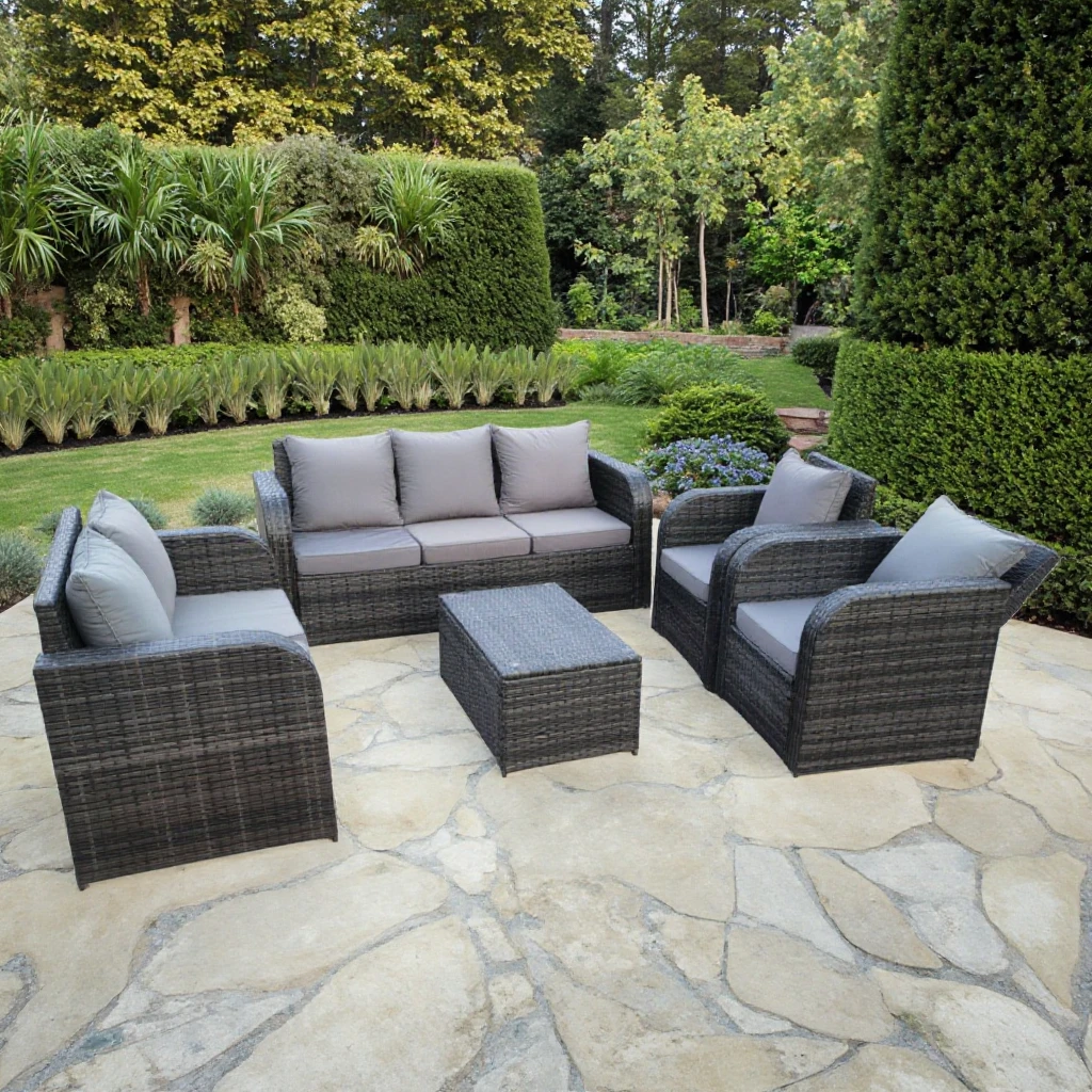 

Modern Outdoor Garden Steel Frame Sofa Set All-Weather Wicker Rattan Sectional Lounge Patio Cylinder PE Cushion Modern