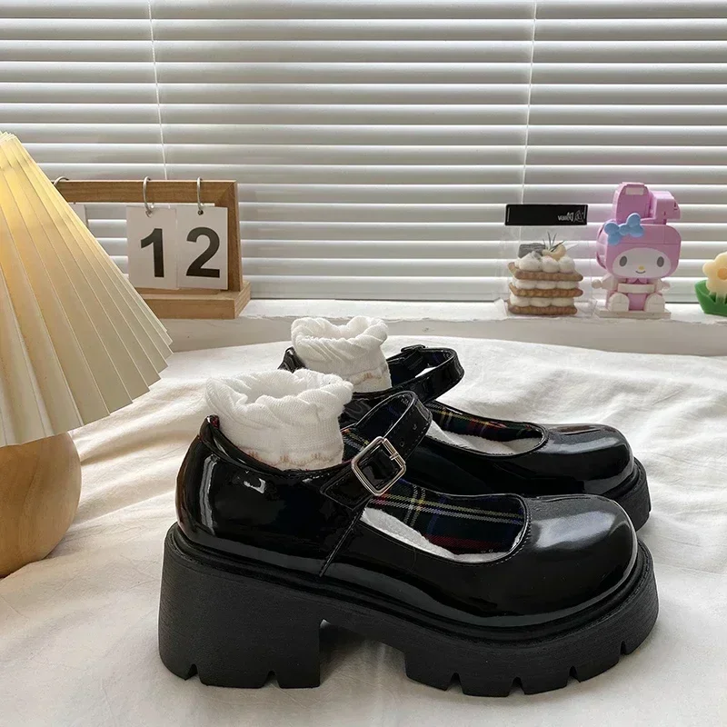 Platform Heels Mary Jane Shoes Simple Lolita Black Platform Heeled Shoes Student College Sweet Medium Heel Women Single Shoes