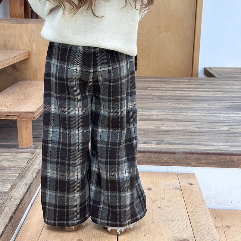 بنطال صوف سميك مبطن بالصوف منقوش بأرجل مستقيمة كورية فضفاضة غير رسمية ومطابقة تمامًا ومريحة